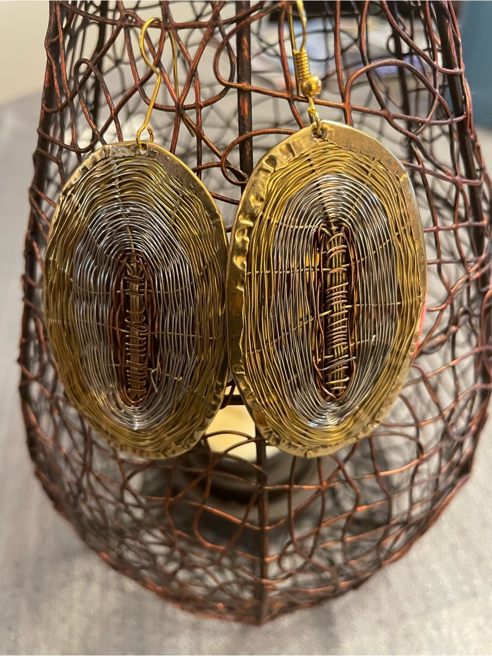 Handmade Oval Drop Earrings With Three-Toned Basket Weave